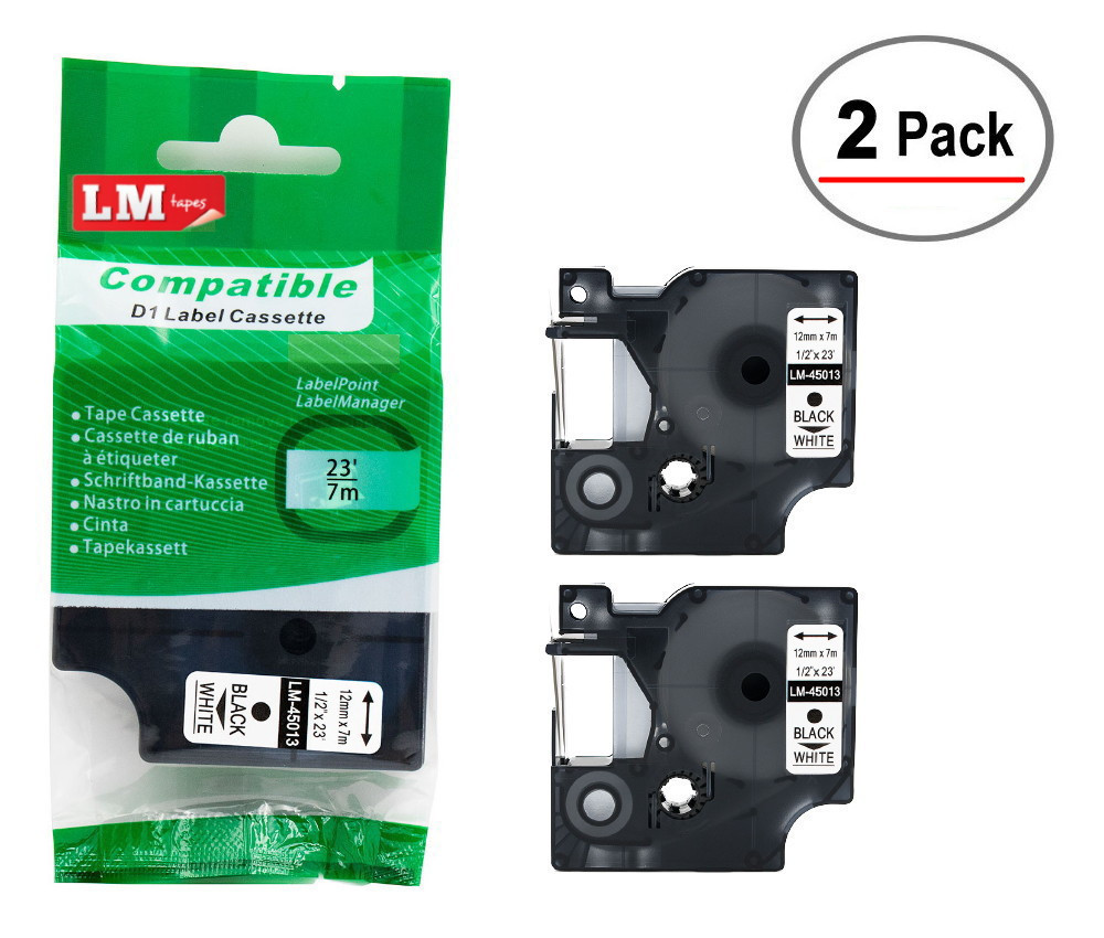 2/Pack Compatible Dymo 45013 1/2 Black on White D1 Tape - 12mm
