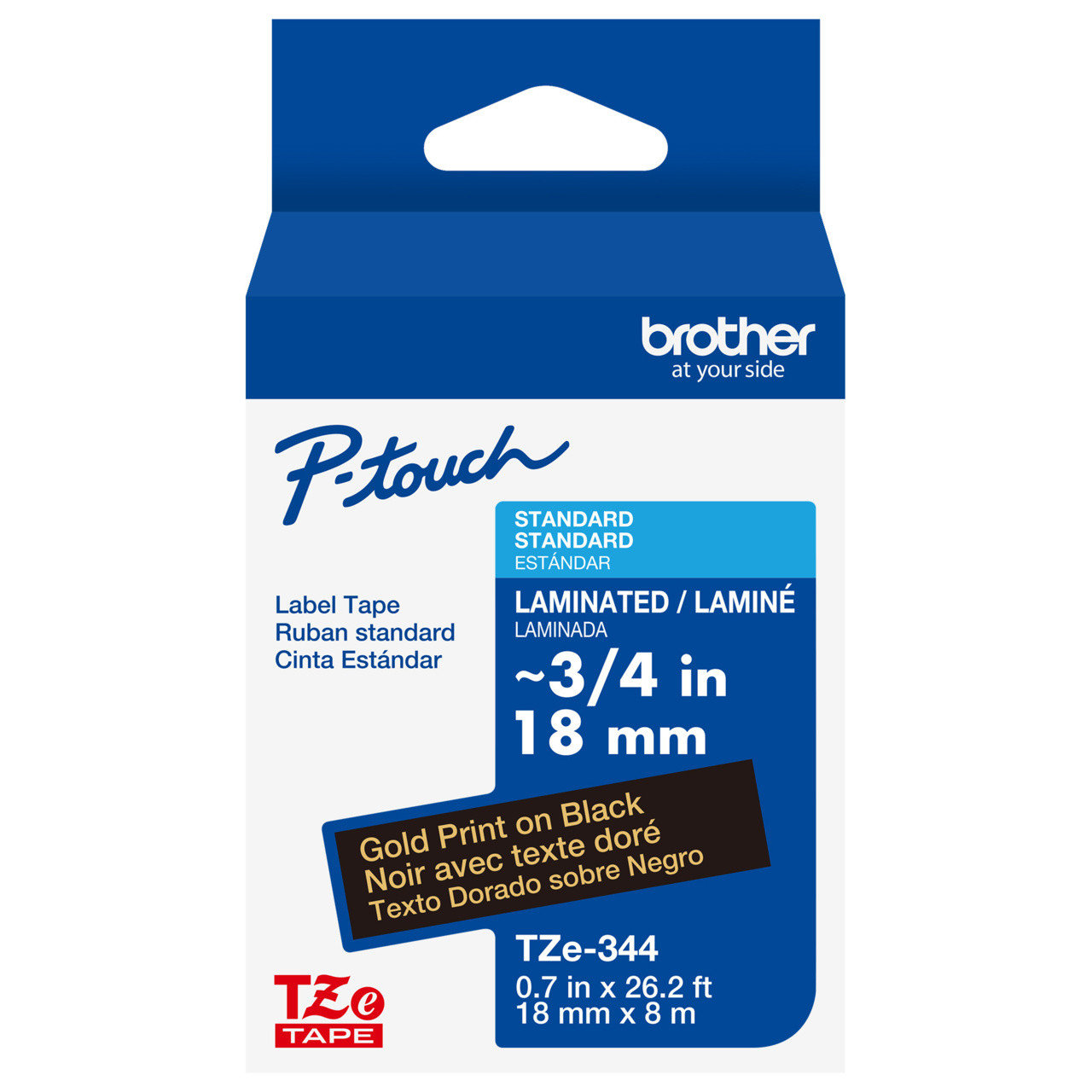 Brother TZe-344 3/4 Gold On Black P-touch Tape - 0.7 18mm TZ344