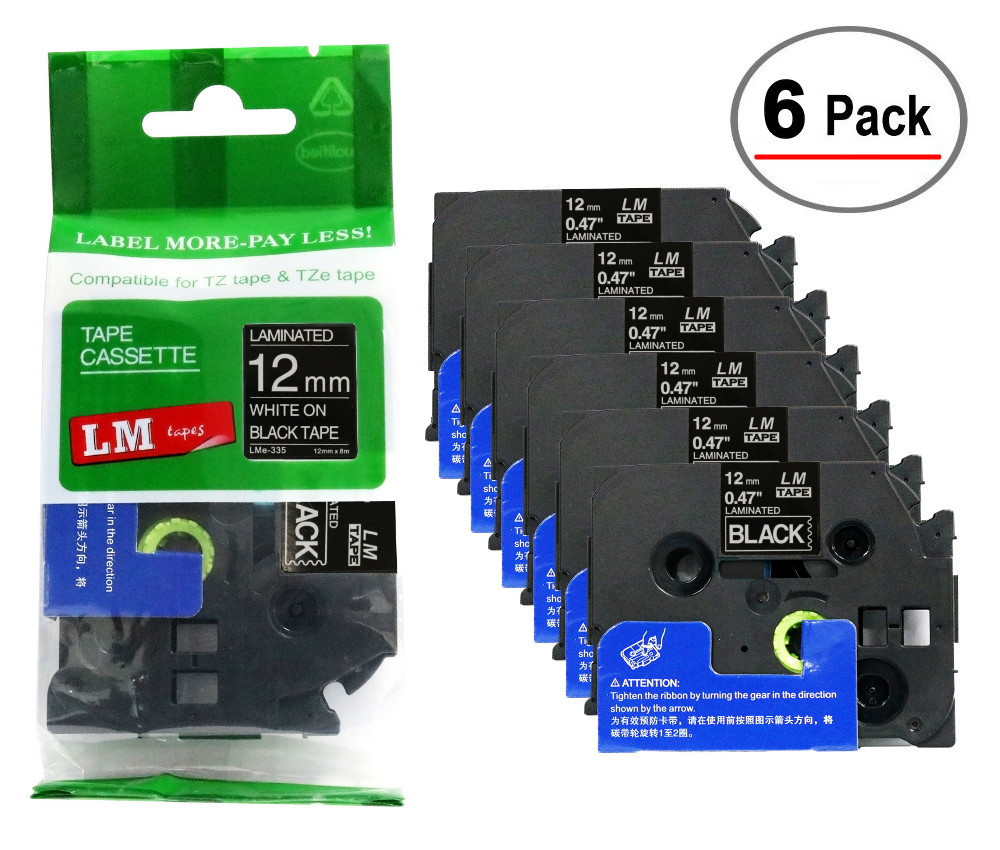 6/Pack Compatible TZe-335 1/2 White On Black P-touch Tape