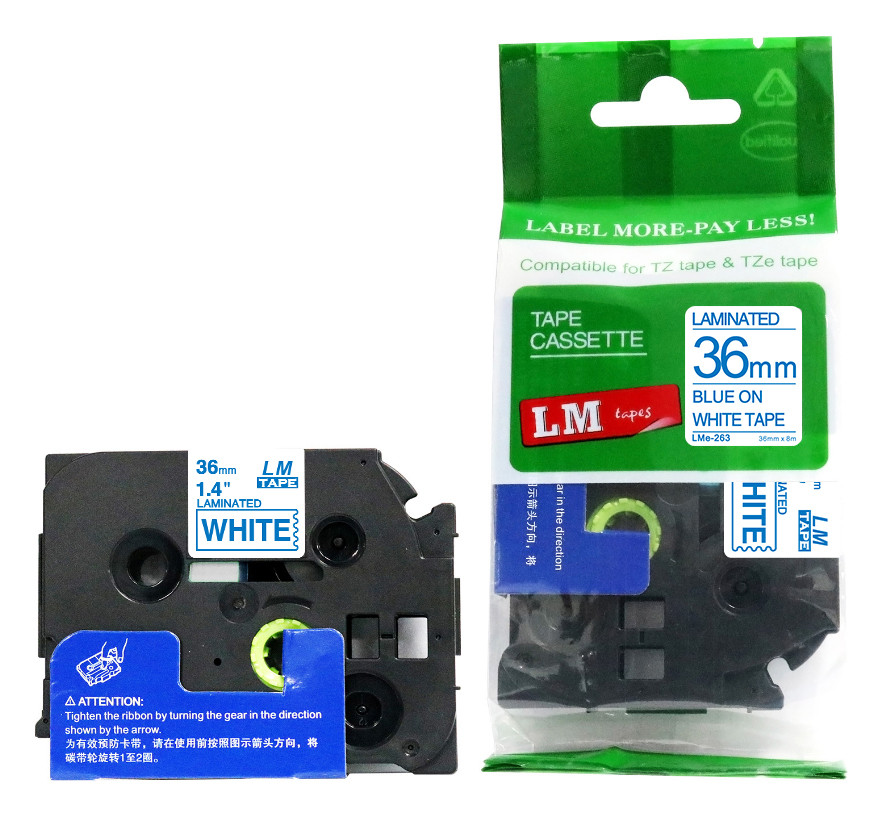 LM Tape LMe263 Compatible 1-1/2 Blue On White P-touch Tape