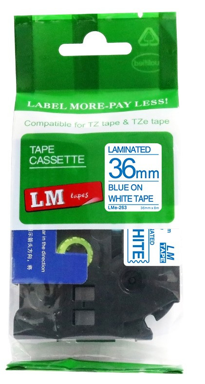 LM Tape LMe263 Compatible 1-1/2 Blue On White P-touch Tape