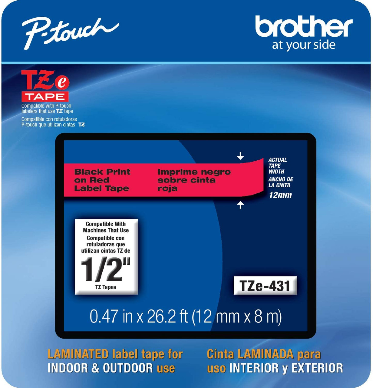 Brother TZe-431 1/2 In. Black On Red P-touch Tape, 12mm Label