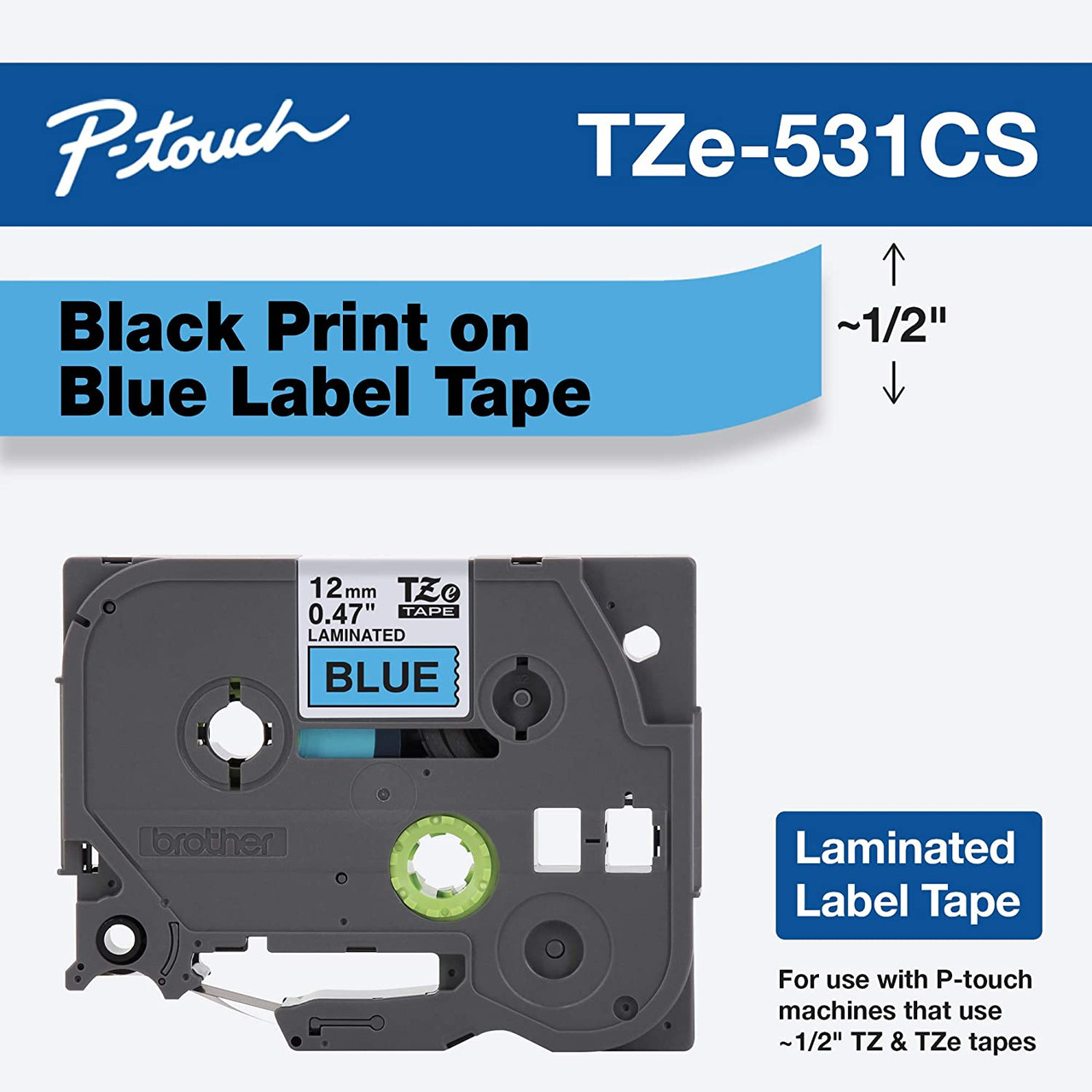 Brother TZe-531 P-touch Tape 1/2 Black on Blue TZe531 Ptouch label