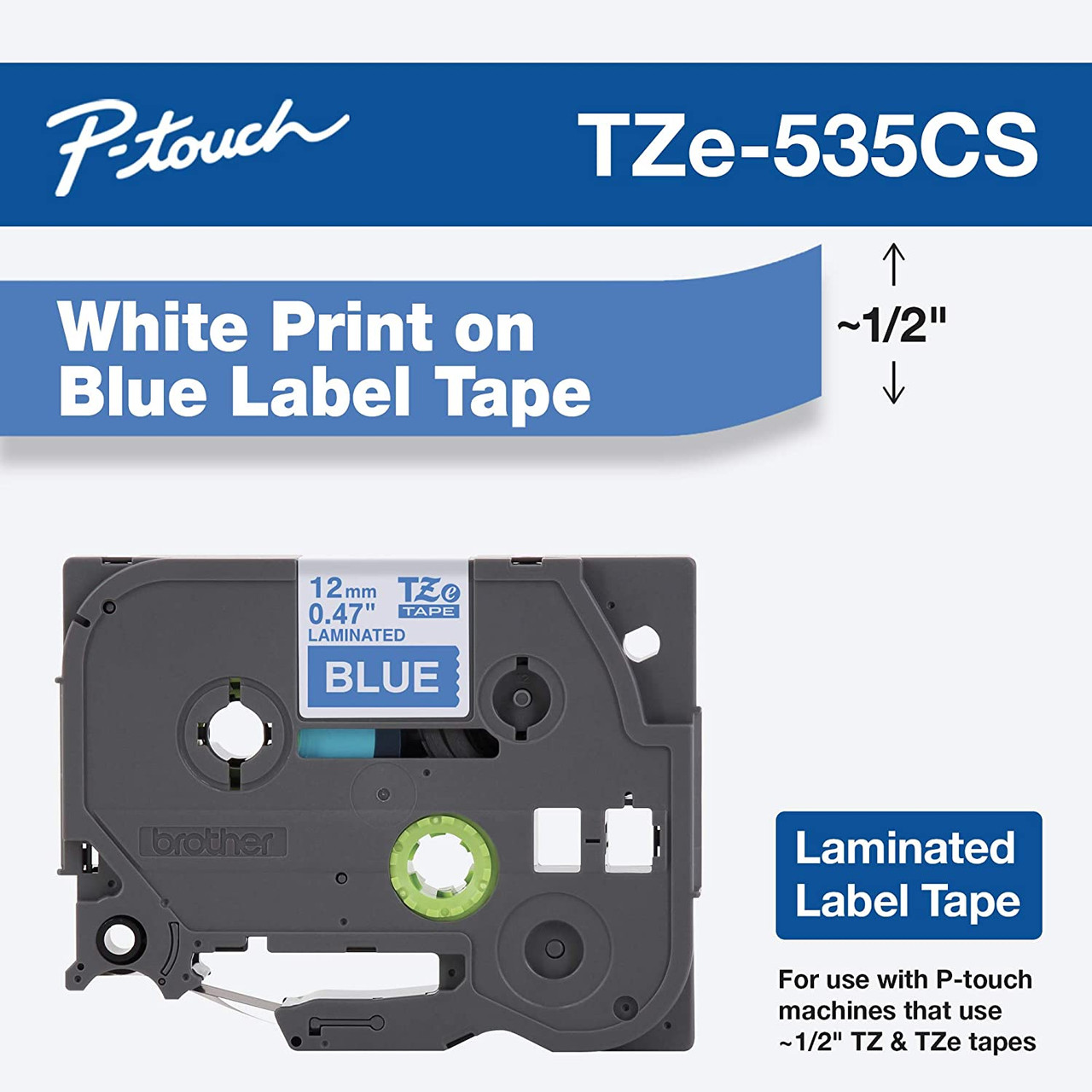Brother TZe-535 1/2 White on Blue P-touch Tape 12mm TZe535 Ptouch