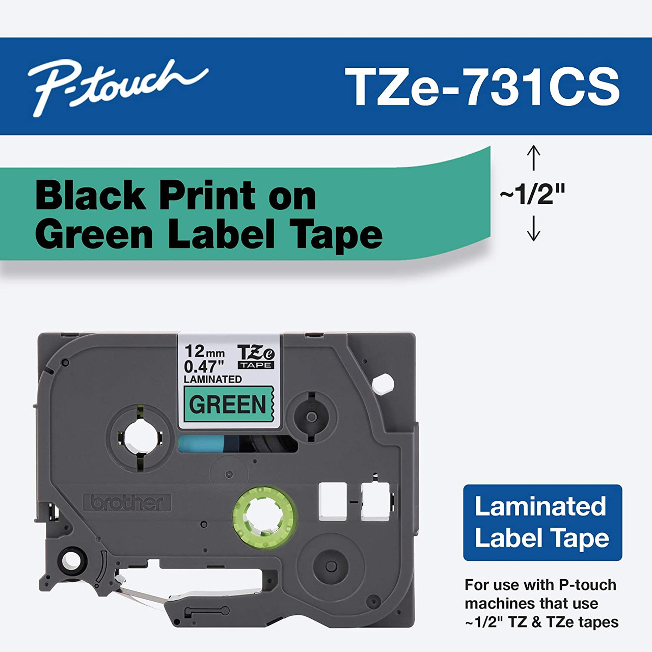 Brother TZe-731 1/2 Black on Green P-touch Tape 12mm TZe731 Ptouch