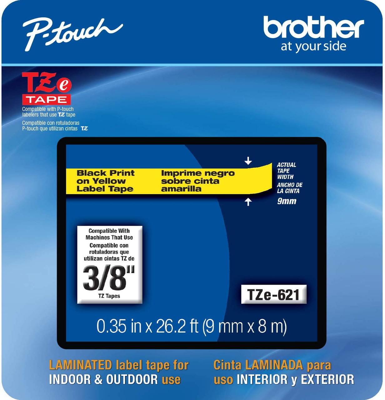 Brother TZe-621 3/8 Black on Yellow P-touch Tape 9mm TZe621 Ptouch