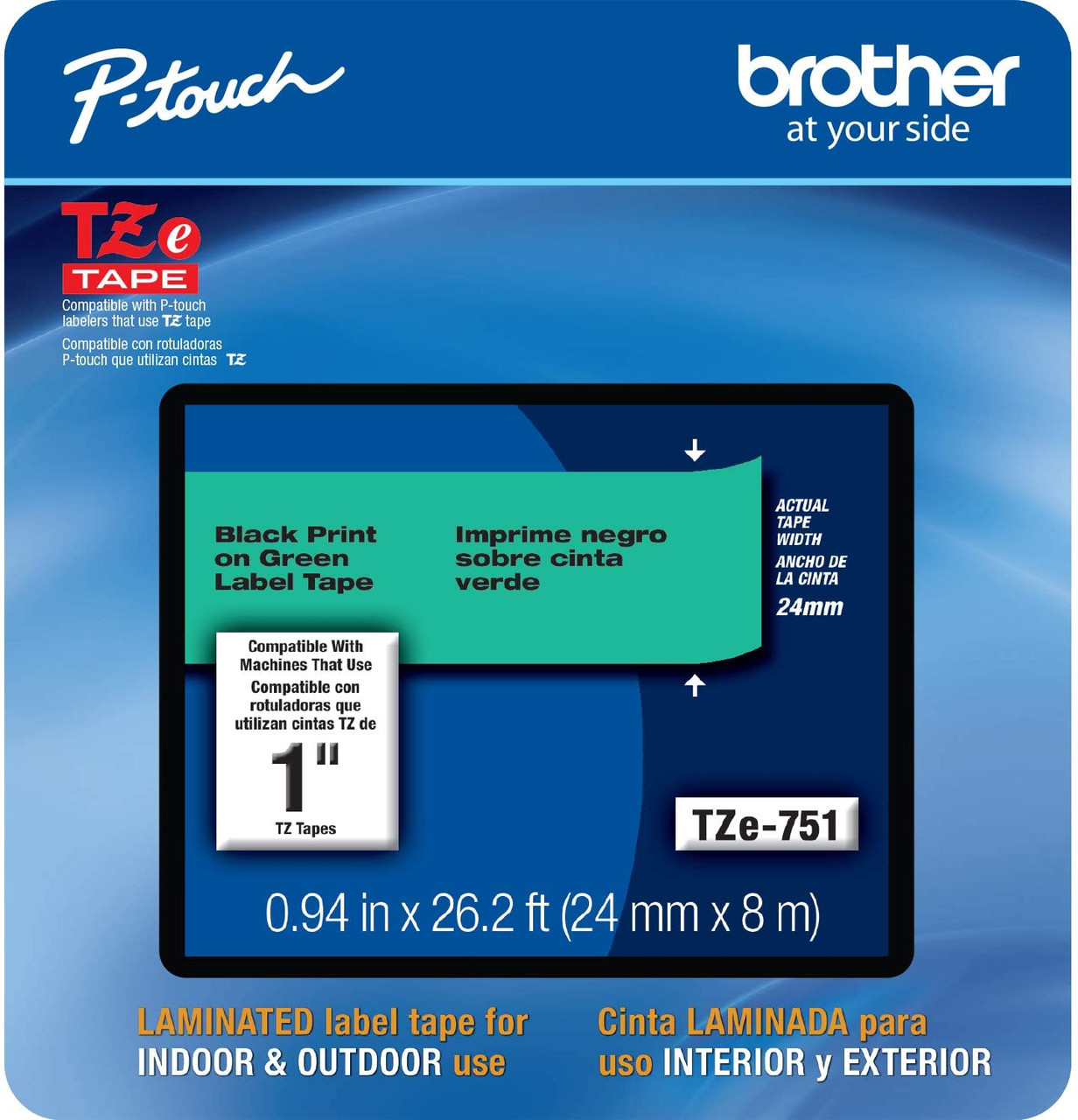 Brother TZe-751 1 In. Black On Green P-touch Tape