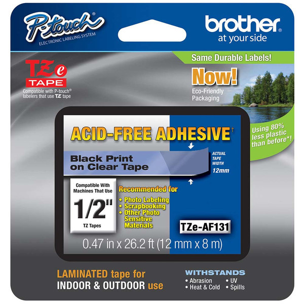 Brother TZe-AF131 Acid Free P-touch Tape - Black on Clear TZe Tape