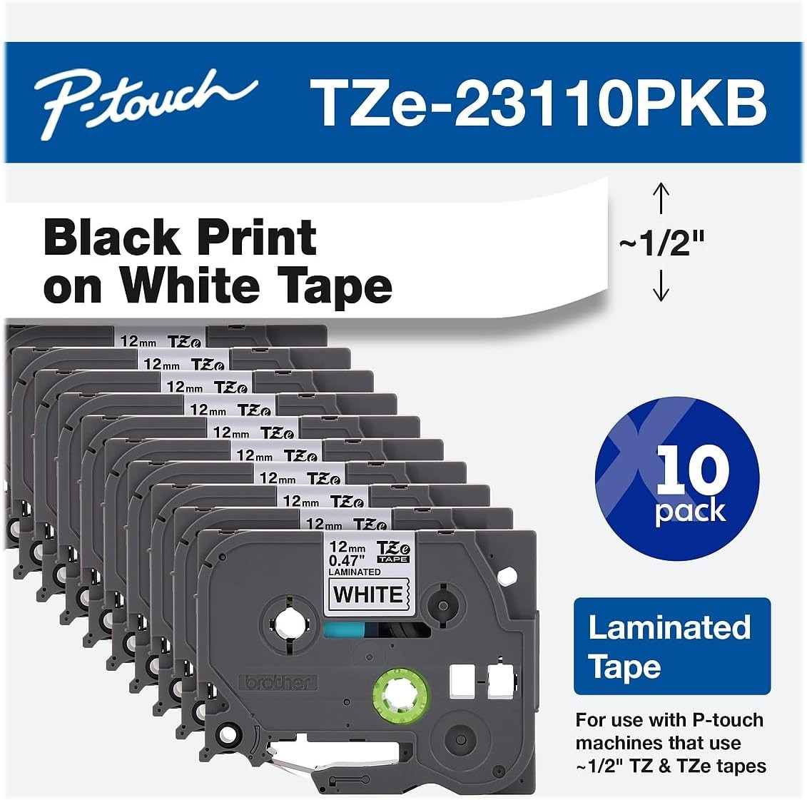 Brother TZe231-10PK Black on White P-touch Tapes 12mm 6/Pack