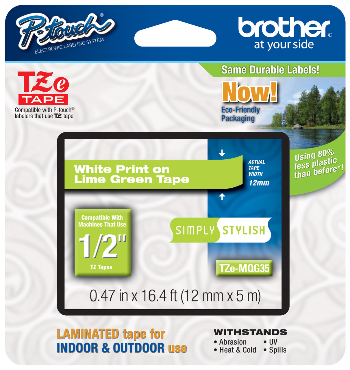 Brother TZMQG35 1/2 White on Lime Green P-touch Tape, 12mm