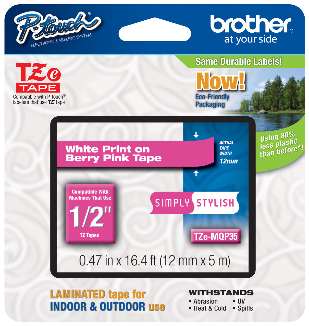 Brother TZe-MQP35 1/2 White on Berry Pink P-Touch Tape (0.47 12mm