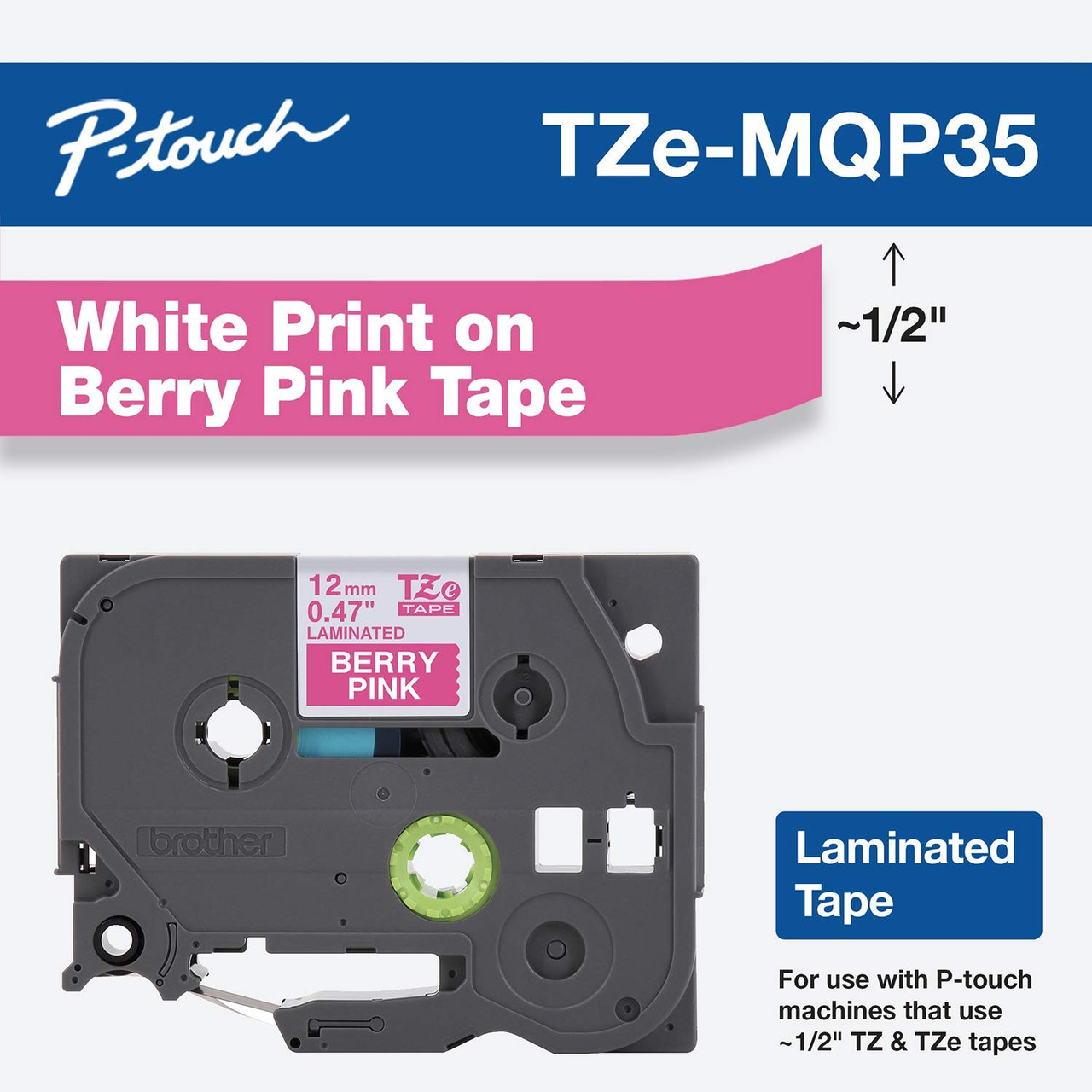 Brother TZe-MQP35 1/2 White on Berry Pink P-Touch Tape (0.47 12mm