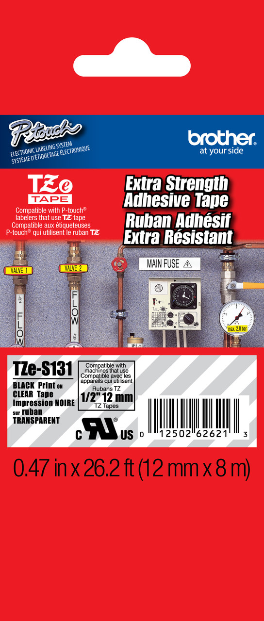 Brother TZe-S131 1/2 Black On Clear Extra Strength Tape - 12mm TZS131