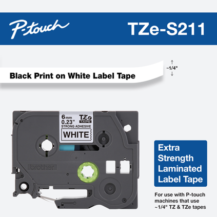 Brother TZe-S211 1/4 Black on White Extra Strength Tape - 6mm TZS211