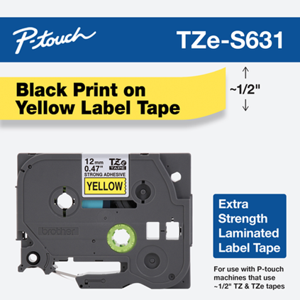 Brother TZe-S631 1/2 Black on Yellow Extra Strength Tape - 12mm TZS631
