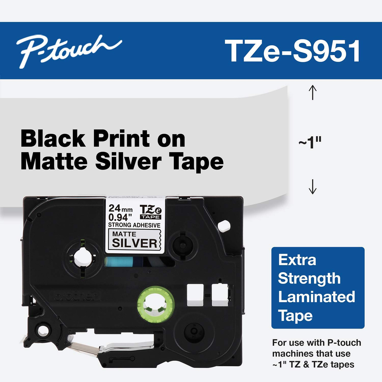 Brother TZe-S951 1 Black on Matte Silver Extra Strength Tape