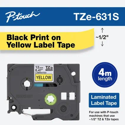Genuine Brother TZe-631 sample tape 12mm black text on yellow background