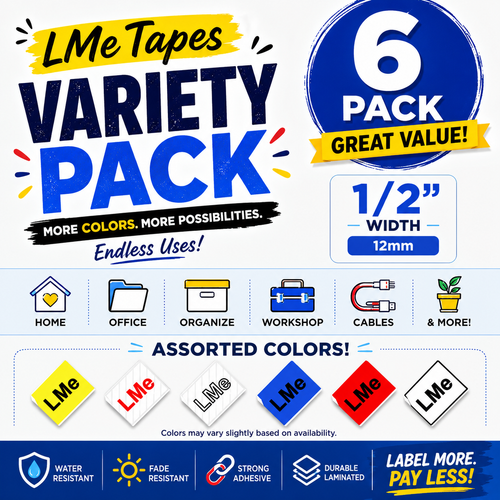 LMe Tapes Variety Pack 6 Pack 12mm Compatible Laminated Label Tapes – Assorted Colors for Home, Office, Workshop and Organization