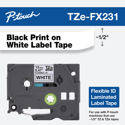 Genuine Brother TZe-FX231 flexible ID label tape 1/2 inch black on white for cable and wire labeling