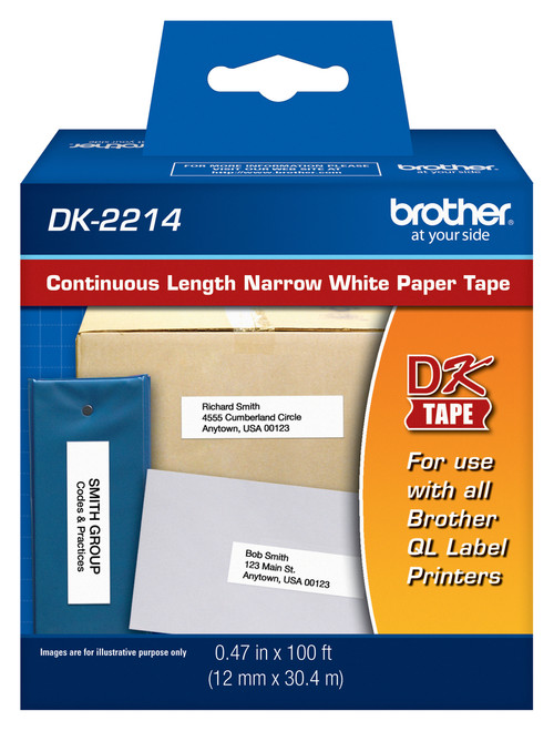 Brother Genuine DK-2214 continuous paper label roll black on white for QL label printers ideal for shipping barcodes and office organization