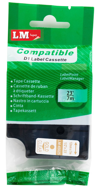 Compatible Dymo 45025 1/2 Gold on Clear D1 Tape - 12mm