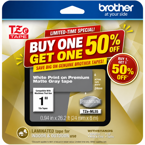 Genuine Brother TZe-ML55 White on Matte Gray Laminated P-touch Tape – 24mm (1") x 26.2 ft