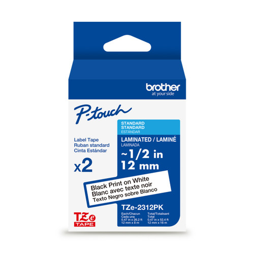 Brother TZe-2312PK 2-pack black on white laminated label tape for P-touch label makers used in home and office organization.