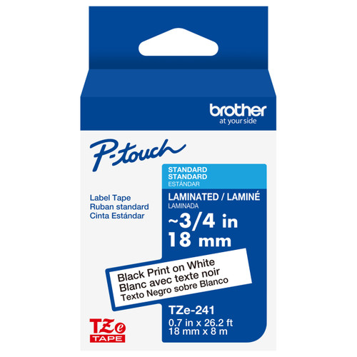 Brother TZe-241G black on white laminated label tape ¾-inch for P-touch label makers used in offices, classrooms, and workshops.