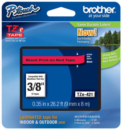 Brother TZe-421 3/8 inch Black on Red laminated label tape for P-touch printers