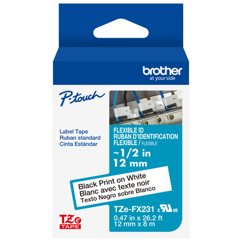 Brother TZe-FX231G Genuine 1/2 Inch Black on White Flexible ID Tape