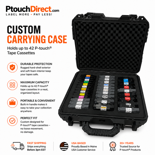 Custom P-touch label tape carrying case holding up to 42 Brother TZe tape cartridges