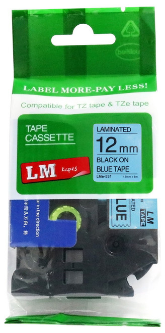 LMe531 compatible black on blue 12mm P-touch tape open box label cartridge