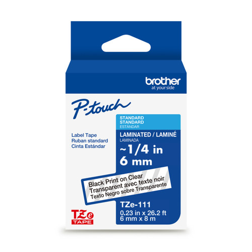 Brother TZe-111 black on clear label tape, 1/4 inch standard laminated tape for P-touch label makers.