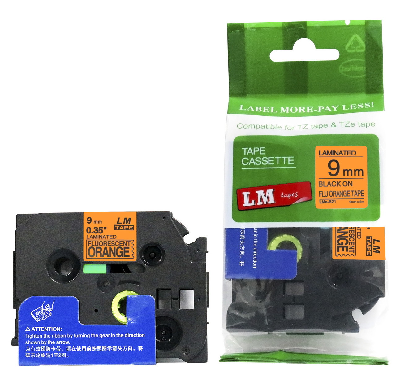 LM Tape Compatible LMeB21 3/8 Black On Florescent Orange P-touch