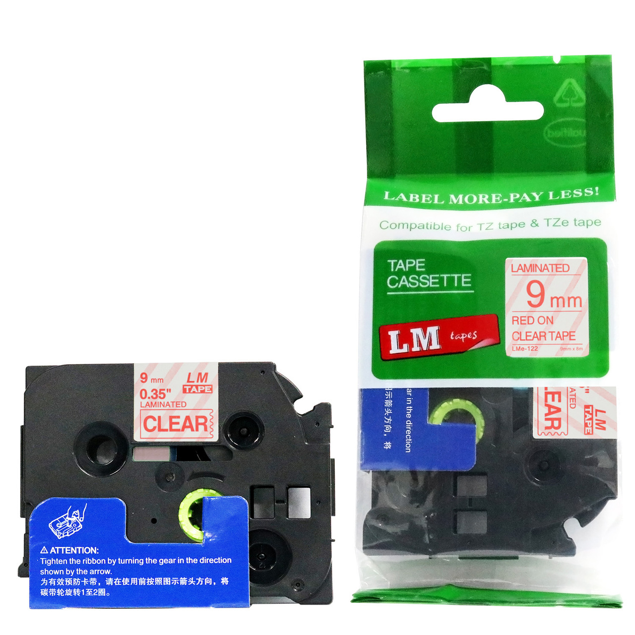 LM Tape LMe122 Compatible 3/8 Red On Clear P-touch Tape, Replaces