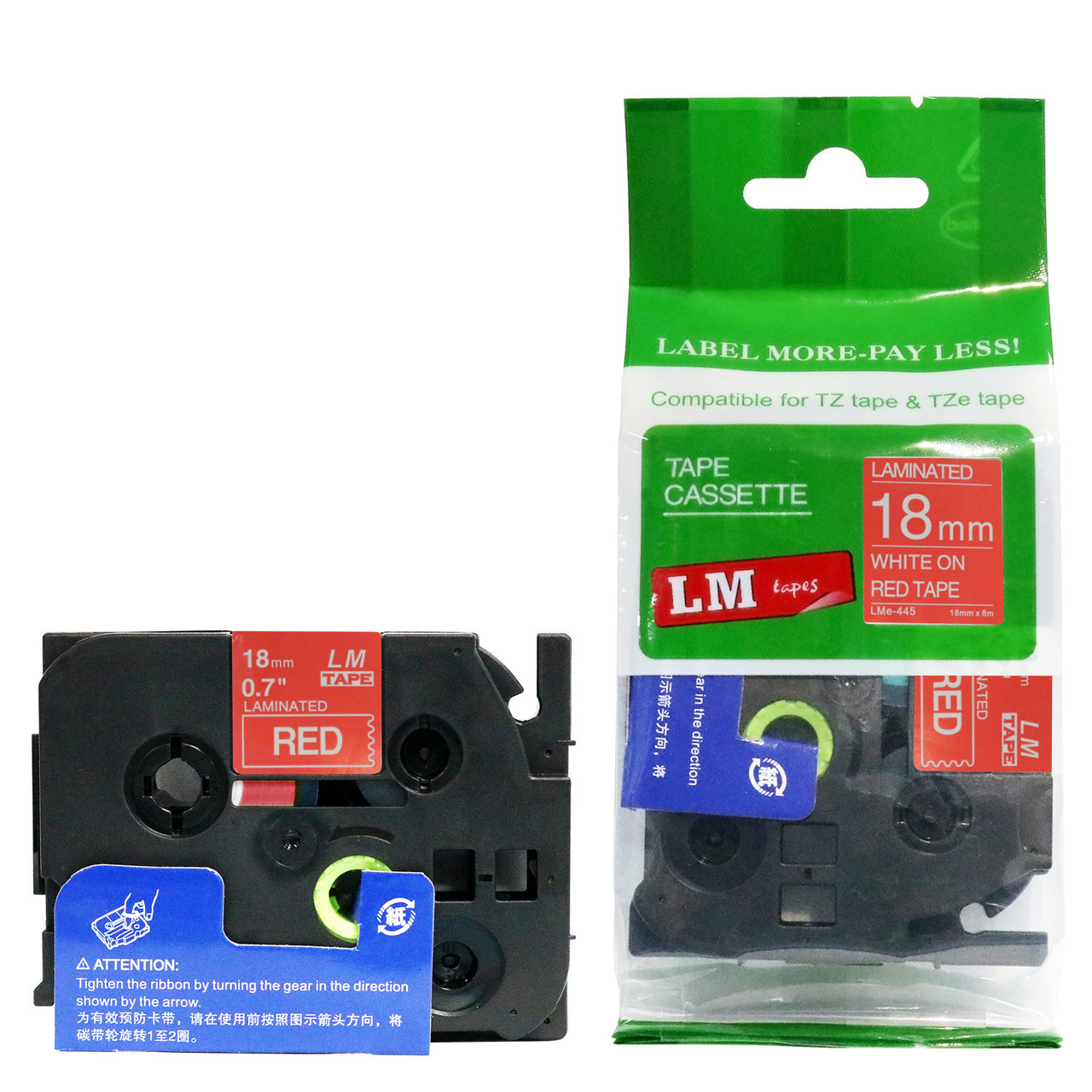 LM Tape LMe445 Compatible 3/4 White On Red P-touch Tape, Replaces