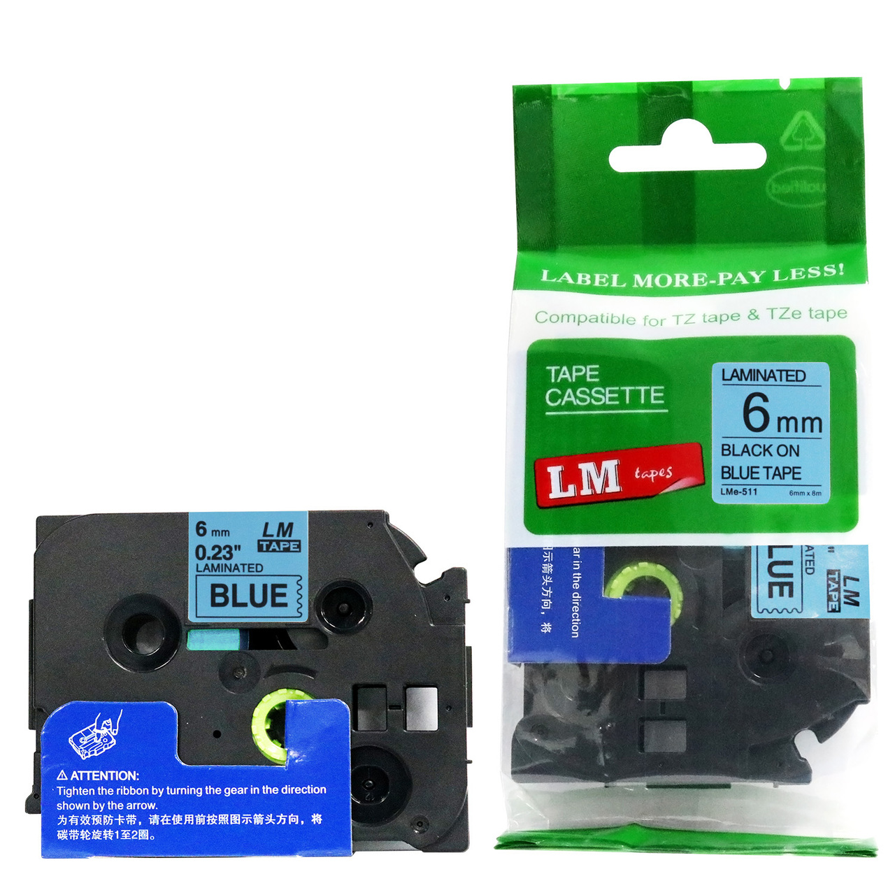 LM Tape LMe511 Compatible 1/4 Black On Blue P-touch Tape, Replaces 