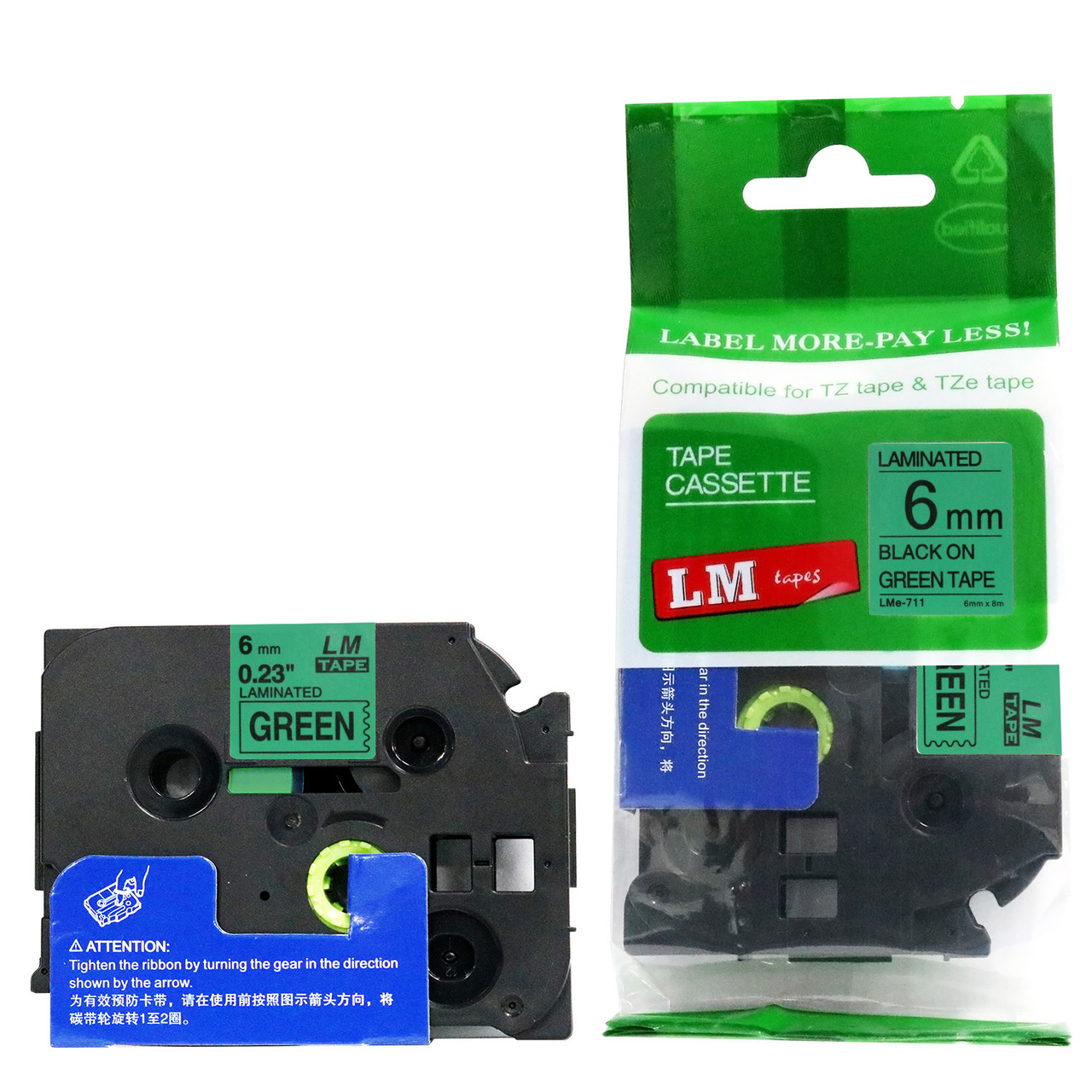 LM Tape LMe711 Compatible 1/4 Black On Green P-touch Tape