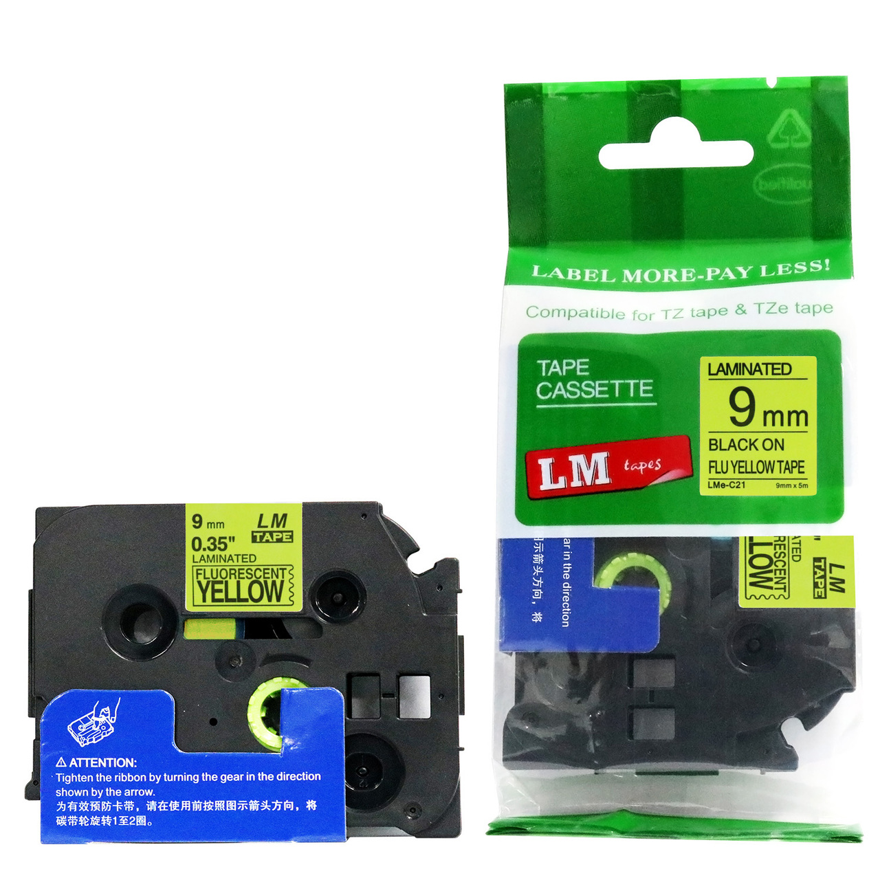 LM Tape LMeC21 Compatible 3/8 Black On Fluorescent Yellow P-touch