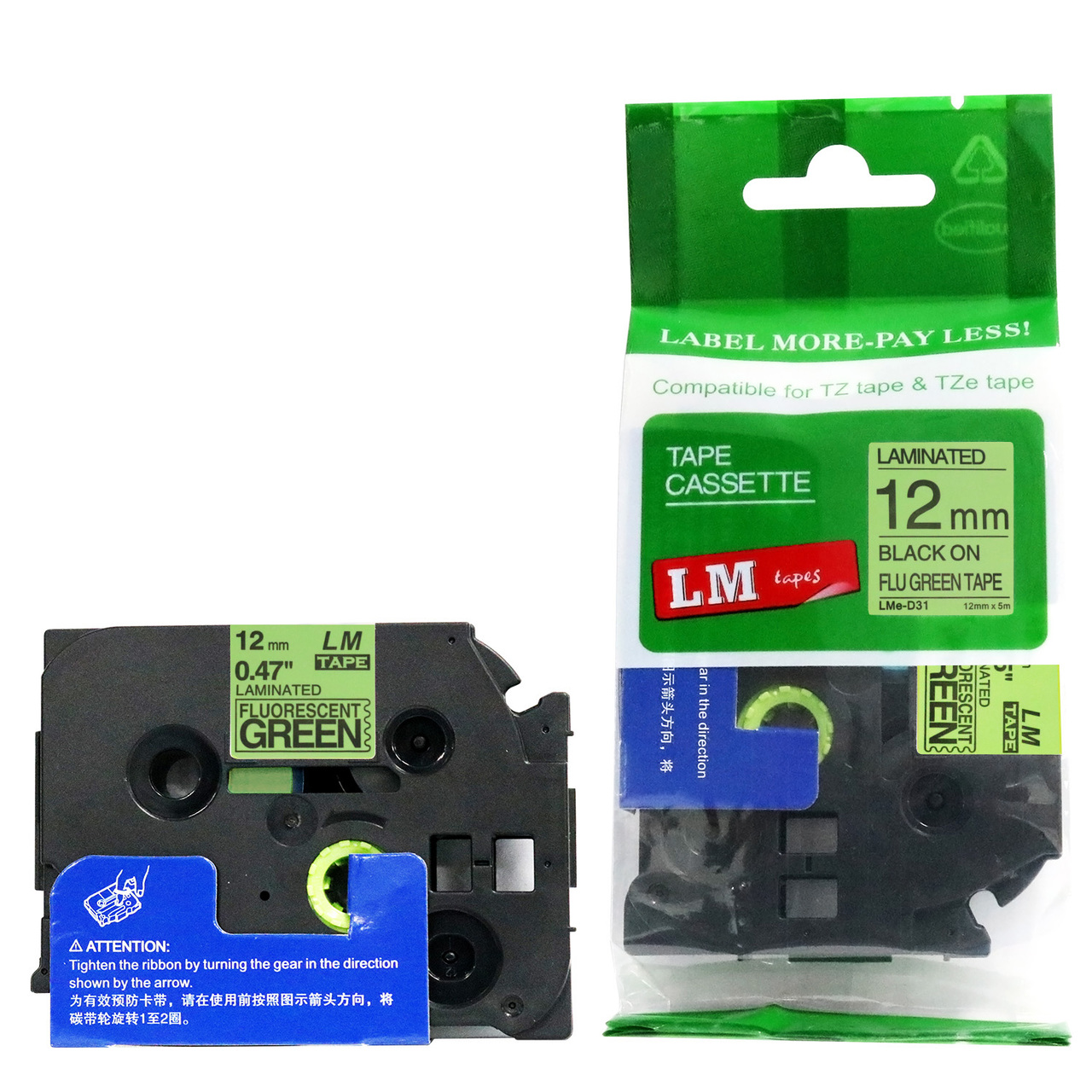 2 Pack Cruxer Label Tapes For P-Touch Printers - 12mm Black On Green Fluorescent