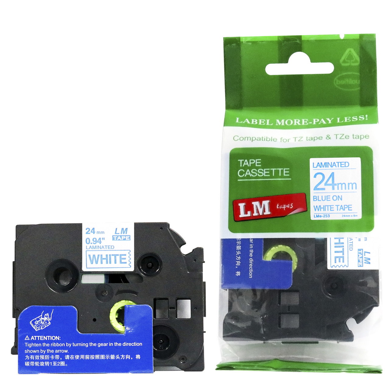 LM Tape LMe253 Compatible 1 In Blue On White P-touch Tape 