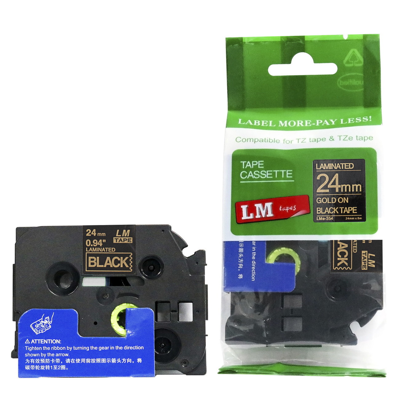 LM Tape LMe354 Compatible 1 In Gold On Black P-touch Tape