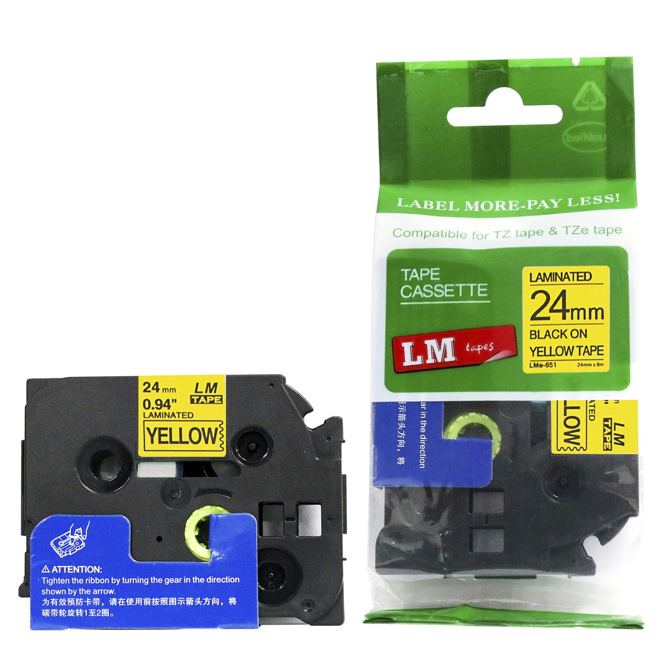 LM Tape LMe651 Compatible 1 In Black On Yellow P-touch Tape