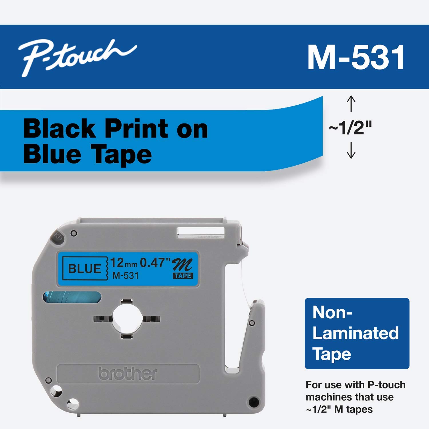 Brother M531 Black on Blue P-touch Label Maker Tape, 12mm M-531