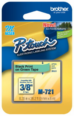 Brother M721 Black on Green P-touch Label Maker Tape, 9mm M-721