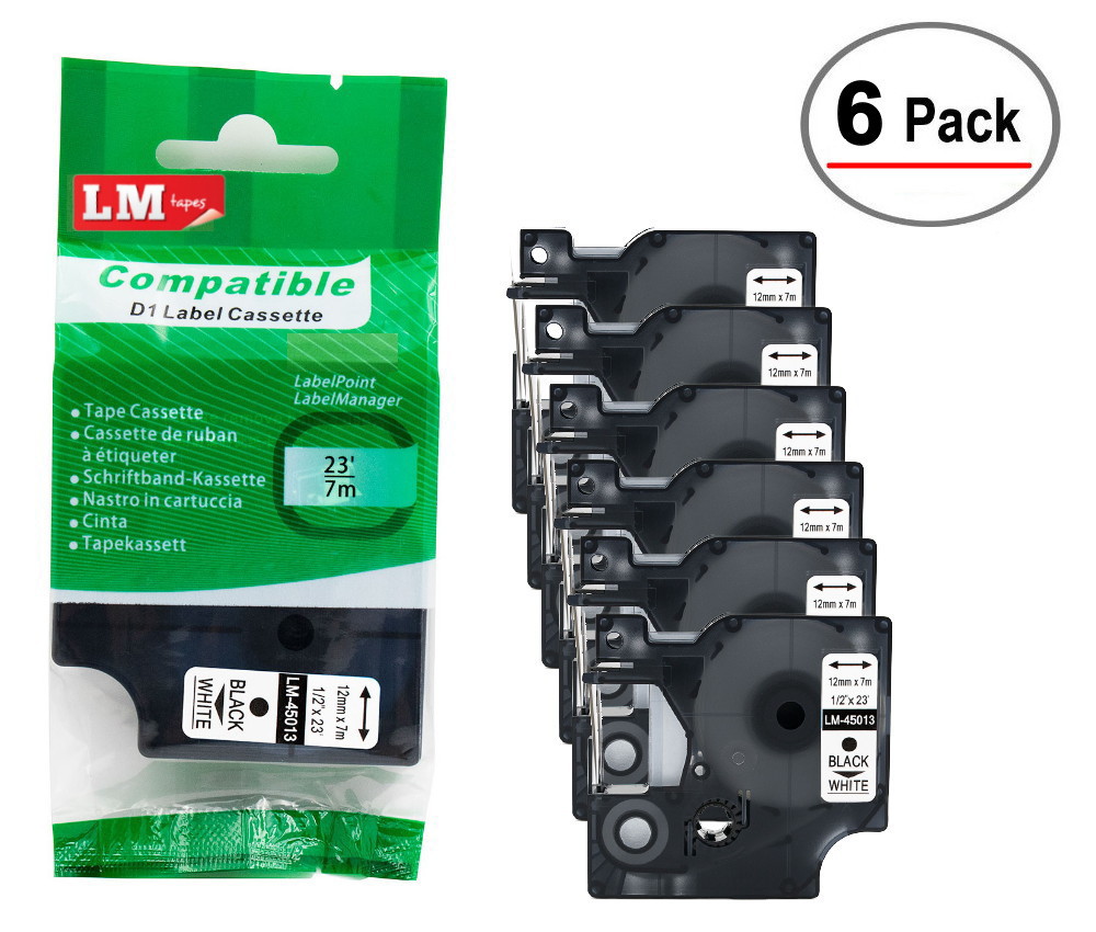 Box/6 Compatible Dymo 45013 1/2 Black on White D1 Tape - 12mm