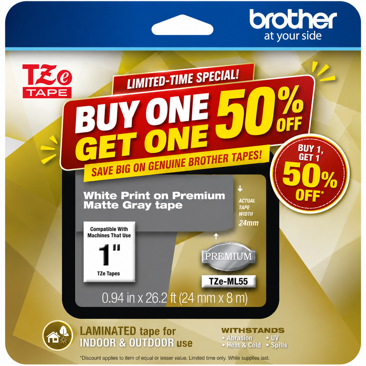 Brother TZe-ML55 1 White On Premium Matte Gray P-touch Tape - 24mm
