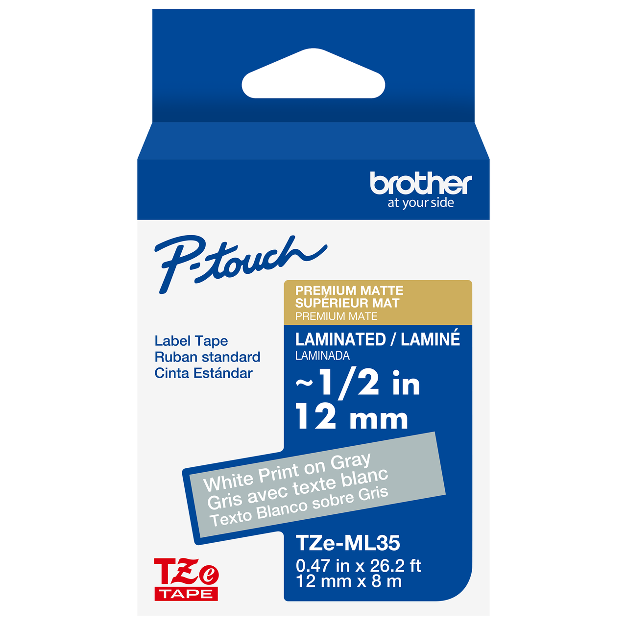 Brother TZe-ML35 1/2 White On Premium Matte Gray P-touch Tape