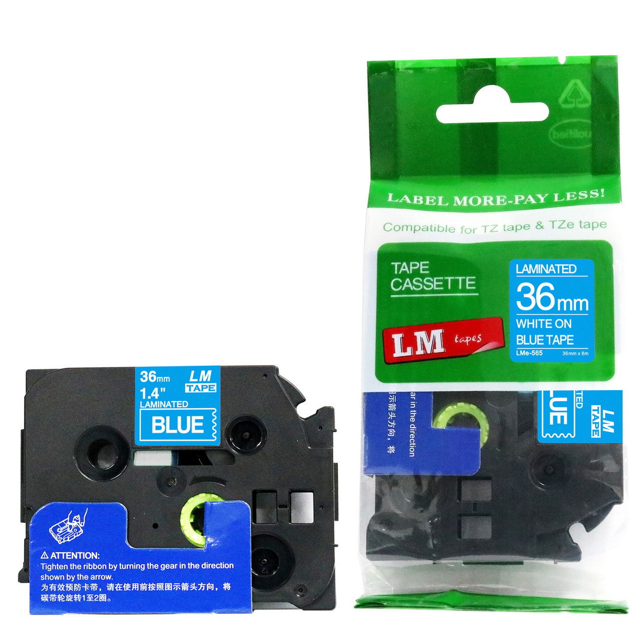 LM Tape LMe565 Compatible 1-1/2 White On Blue P-touch Tape