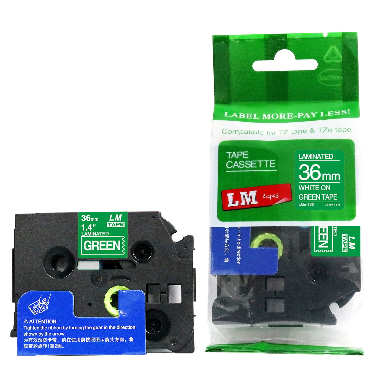 LM Tape LMe765 Compatible 1-1/2 White On Green P-touch Tape